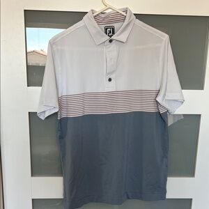 FootJoy Men’s White, Gray & Thin Brown-Striped Chest Golf Shirt Polo, medium